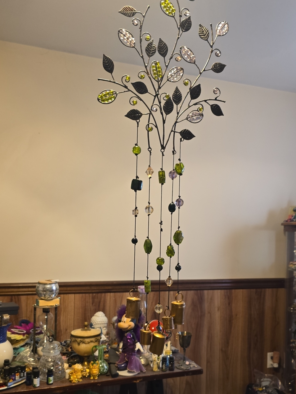 Hanging Metal Leaf Wind Chime with Green and Clear Beads